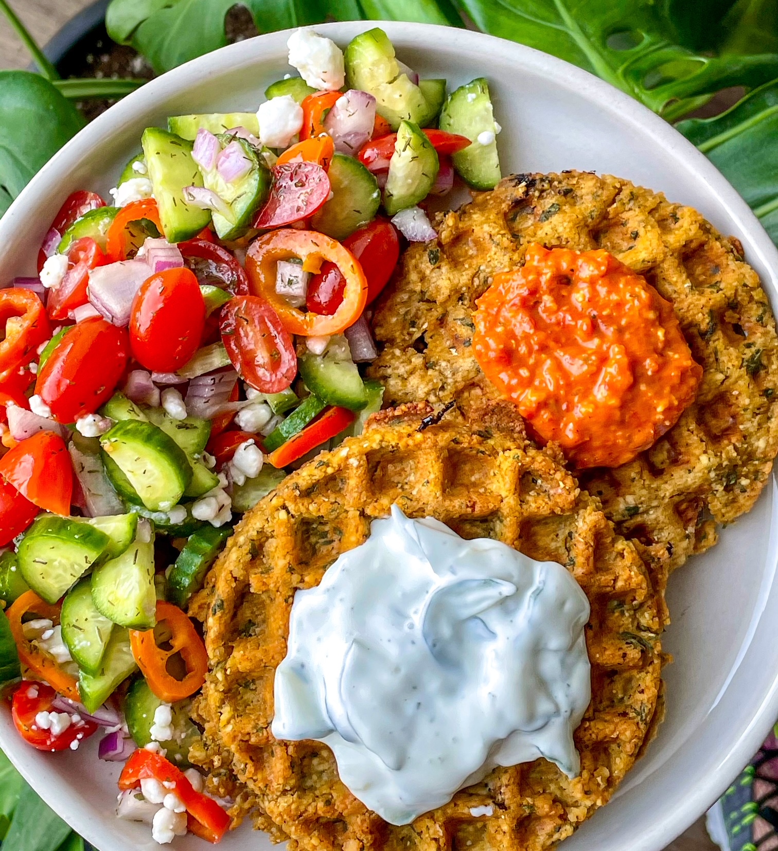 Falafel Waffle Bites with Tzatziki Sauce